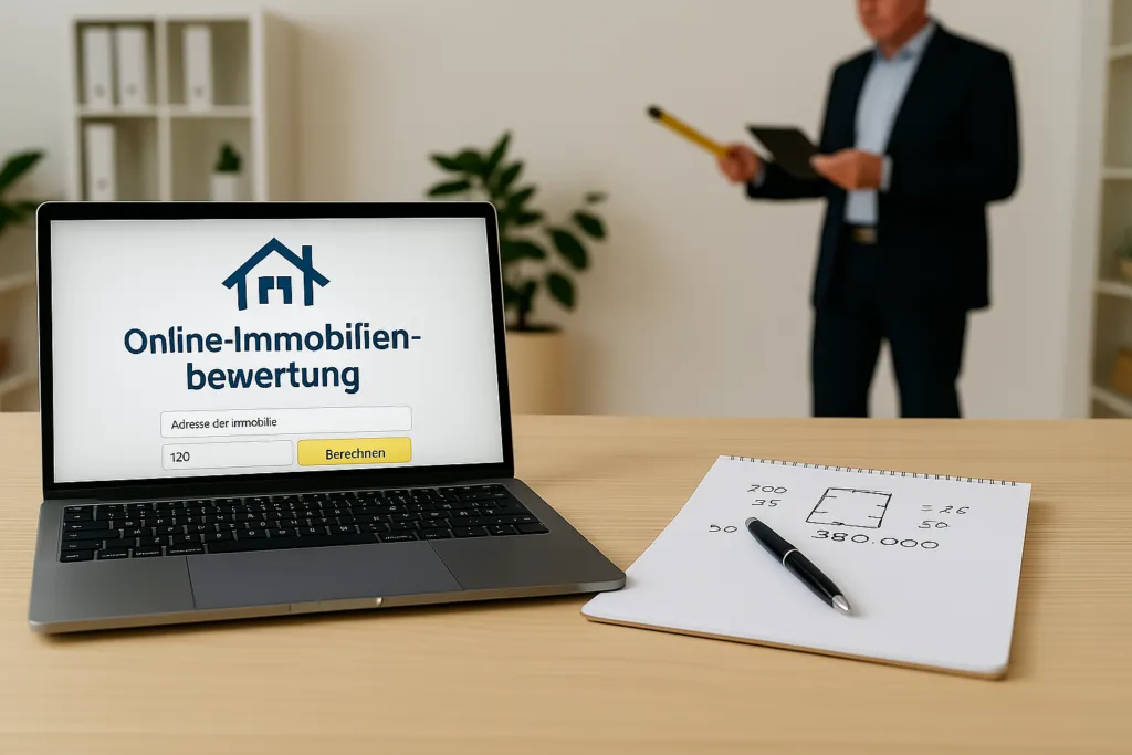 Man sieht einen Laptop, auf dem eine Online-Immobilienbewertung geöffnet ist. wie sie z.B. Check24 oder McMakler anbieten